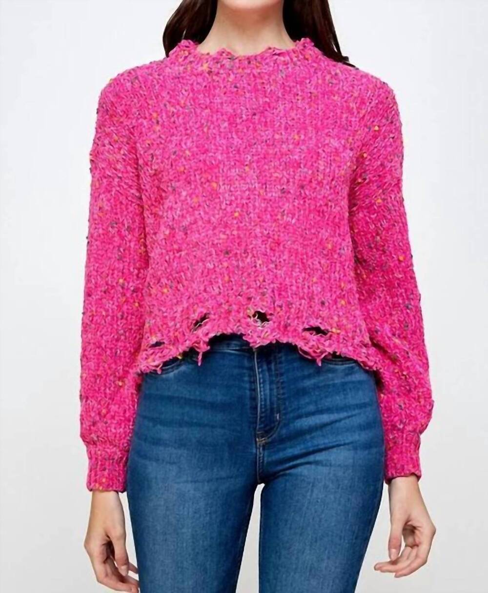 NEW SWEET GENERIS chenille popcorn distressed crop sweater in hot pink